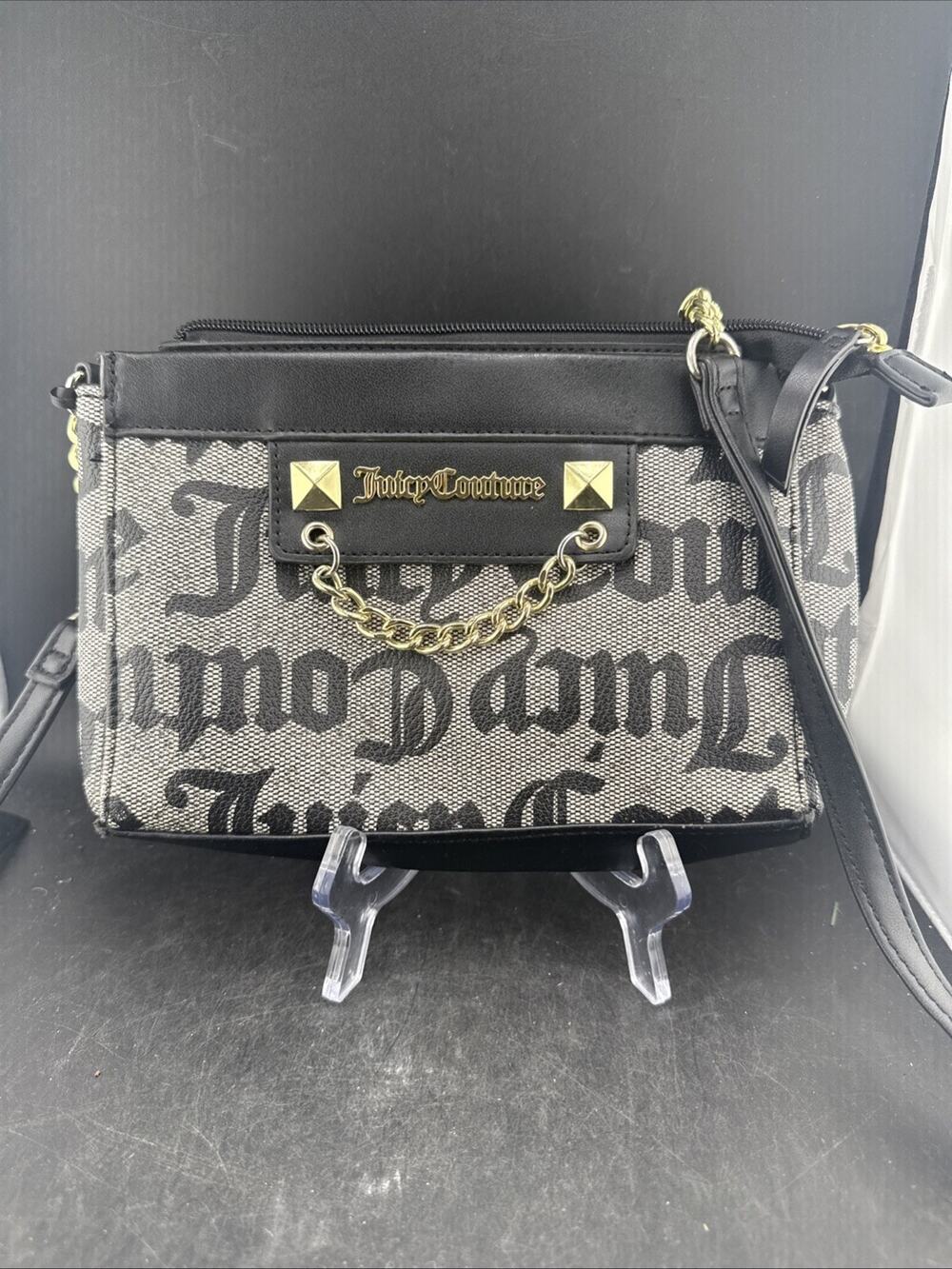 Juicy Couture Hang Around Crossbody Bag Gothic Monogram Black Beige Purse